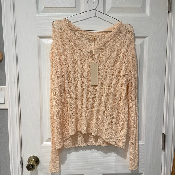 June Eleven Sweaters - June Eleven Open Knit Sheer Elegant V-Neck Sweater in Cream